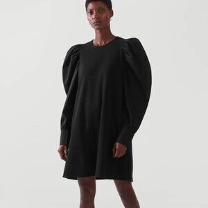 COS Black Dress Large L Puff Sleeve A-Line Modern Unique Pockets Cotton